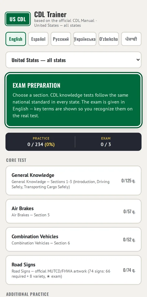CDL Trainer USA app - home screen with all CDL test sections